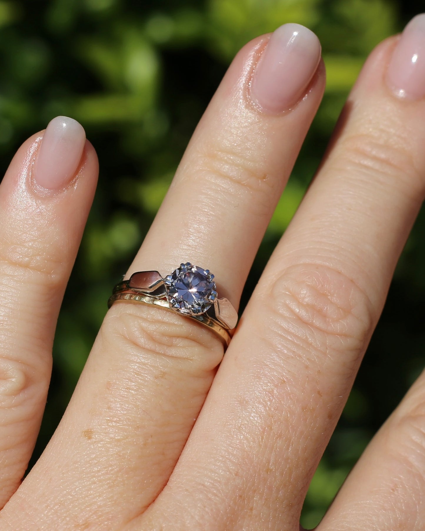 Vintage 1.86ct Pale Pink natural Zircon, 1967 London Made Double Claw Set, 9ct Yellow and White Gold, size M1/2 or 6.5, 2.8g