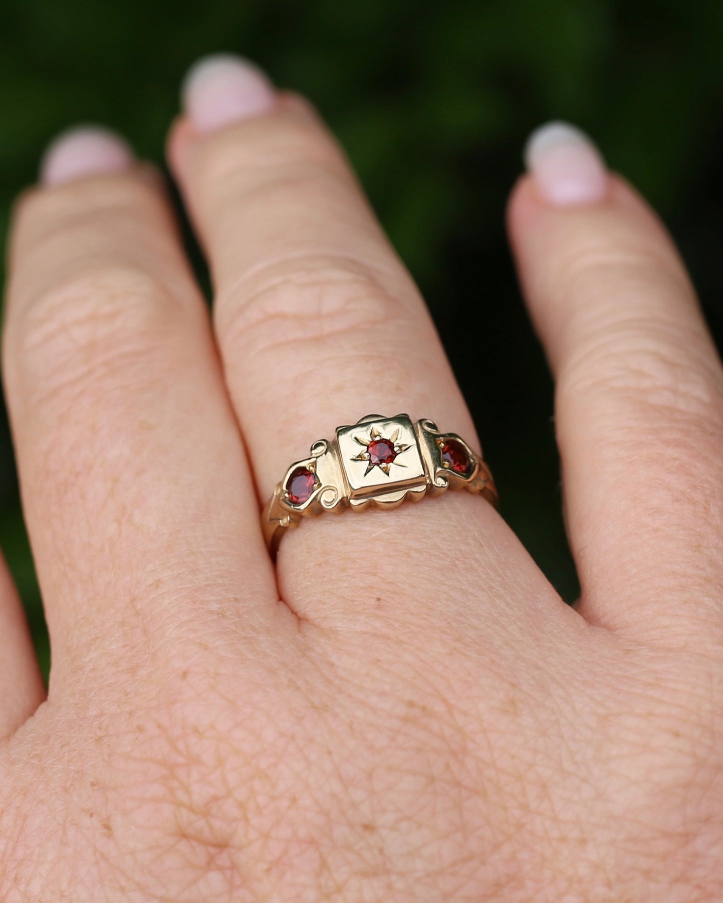 Victorian Revival Garnet Trilogy Star Set Ring, 9ct Yellow Gold, size O1/2 or just over 7.25