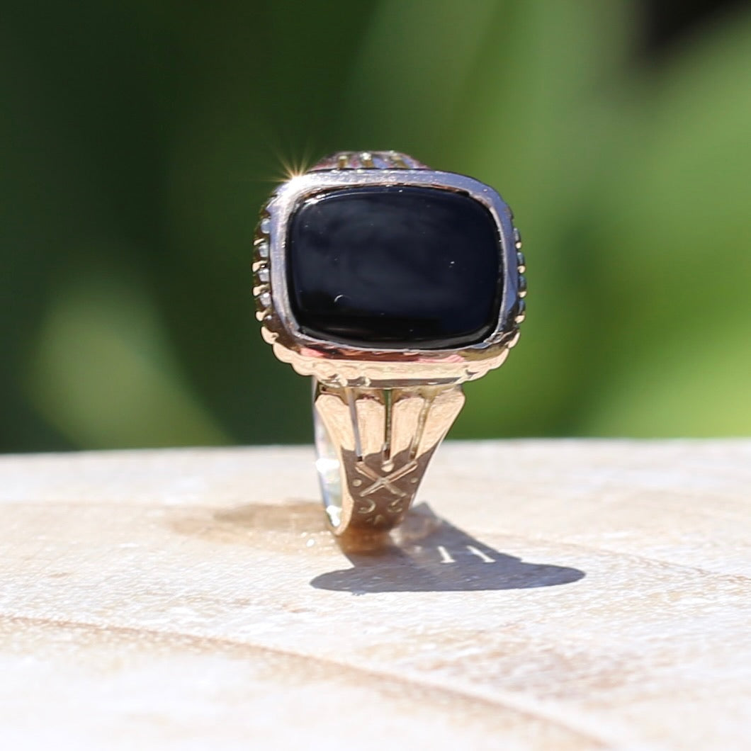 Vintique Onyx Signet Ring with Engraved Shoulders, 9ct Rosey Gold, size K1/2 or 5.5
