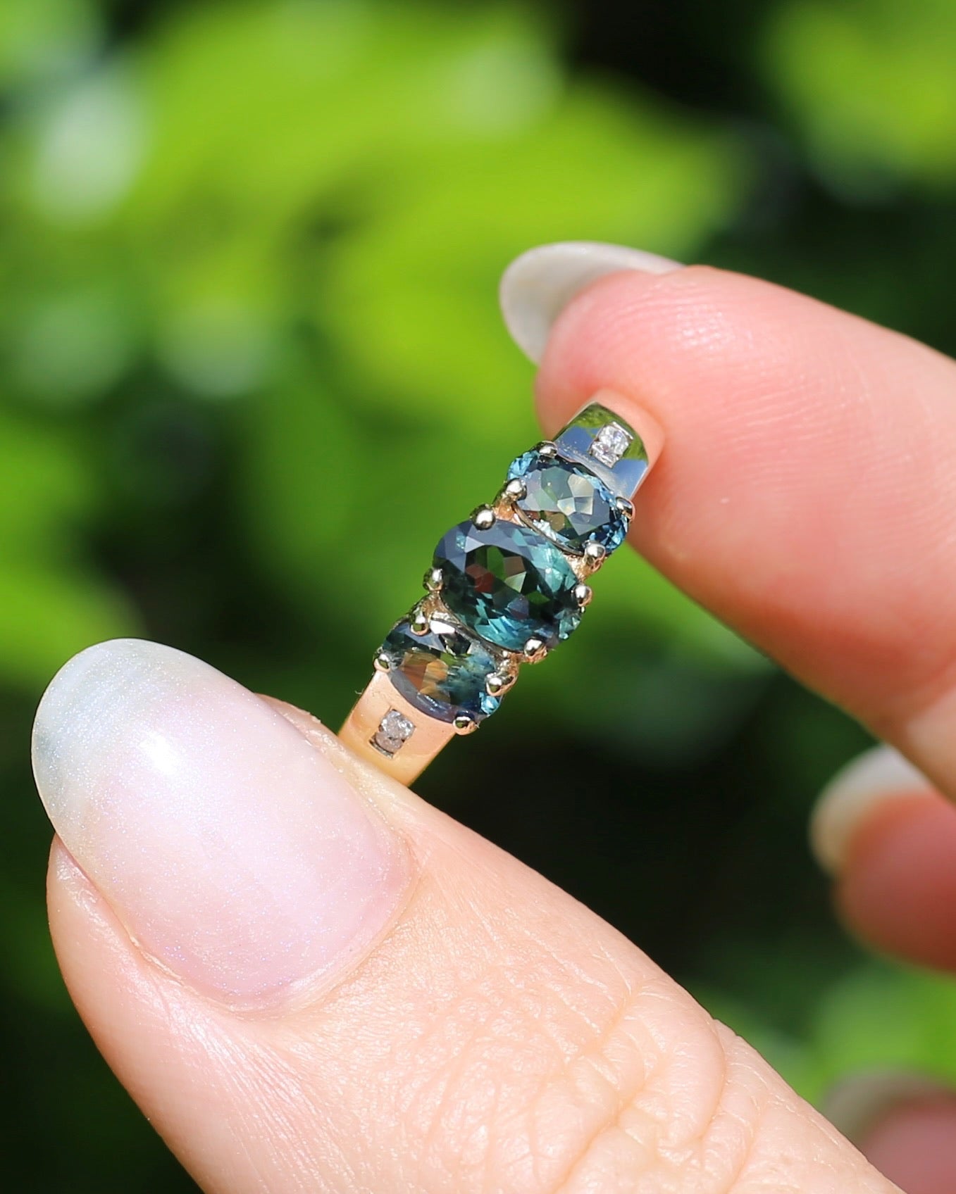 2.1ct Parti Sapphire Trilogy with Channel Set Diamonds, in Vintage 9ct Yellow Gold Ring, size O or 7.25