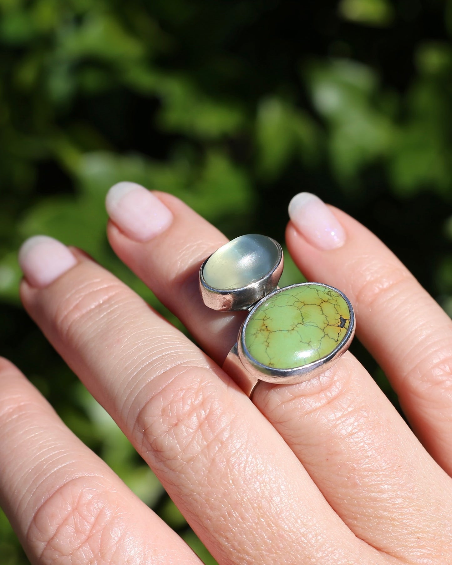 Vintage Green Turquoise and Moonstone Ring, Sterling Silver, size M or 6.25