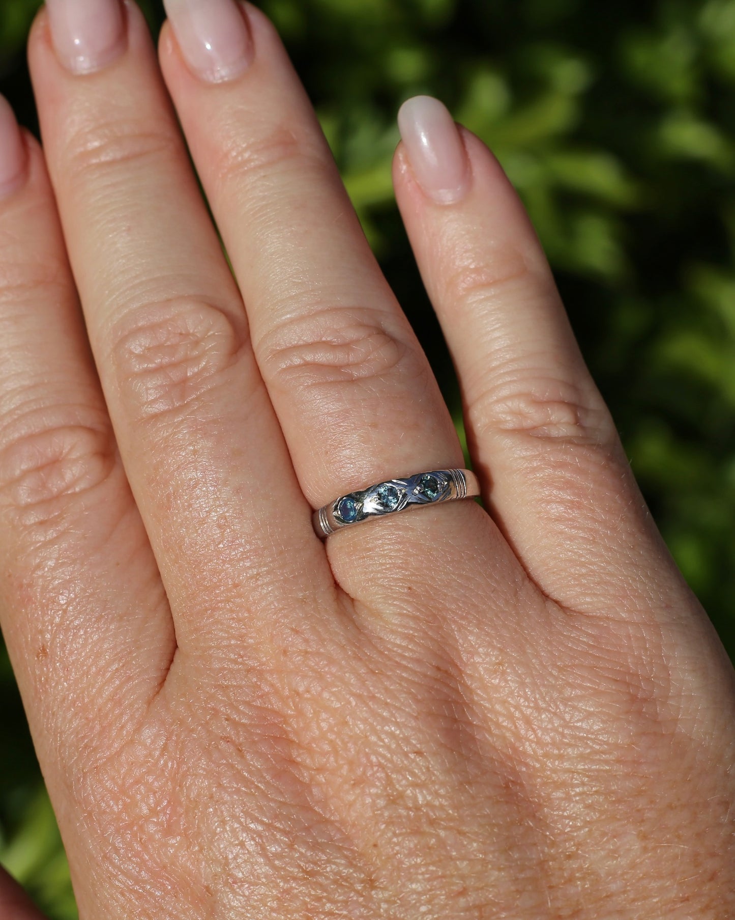 ON HOLD Australian Parti Sapphire Trilogy, 9ct White Gold Band, size N1/2 or just under 7, 2.67g
