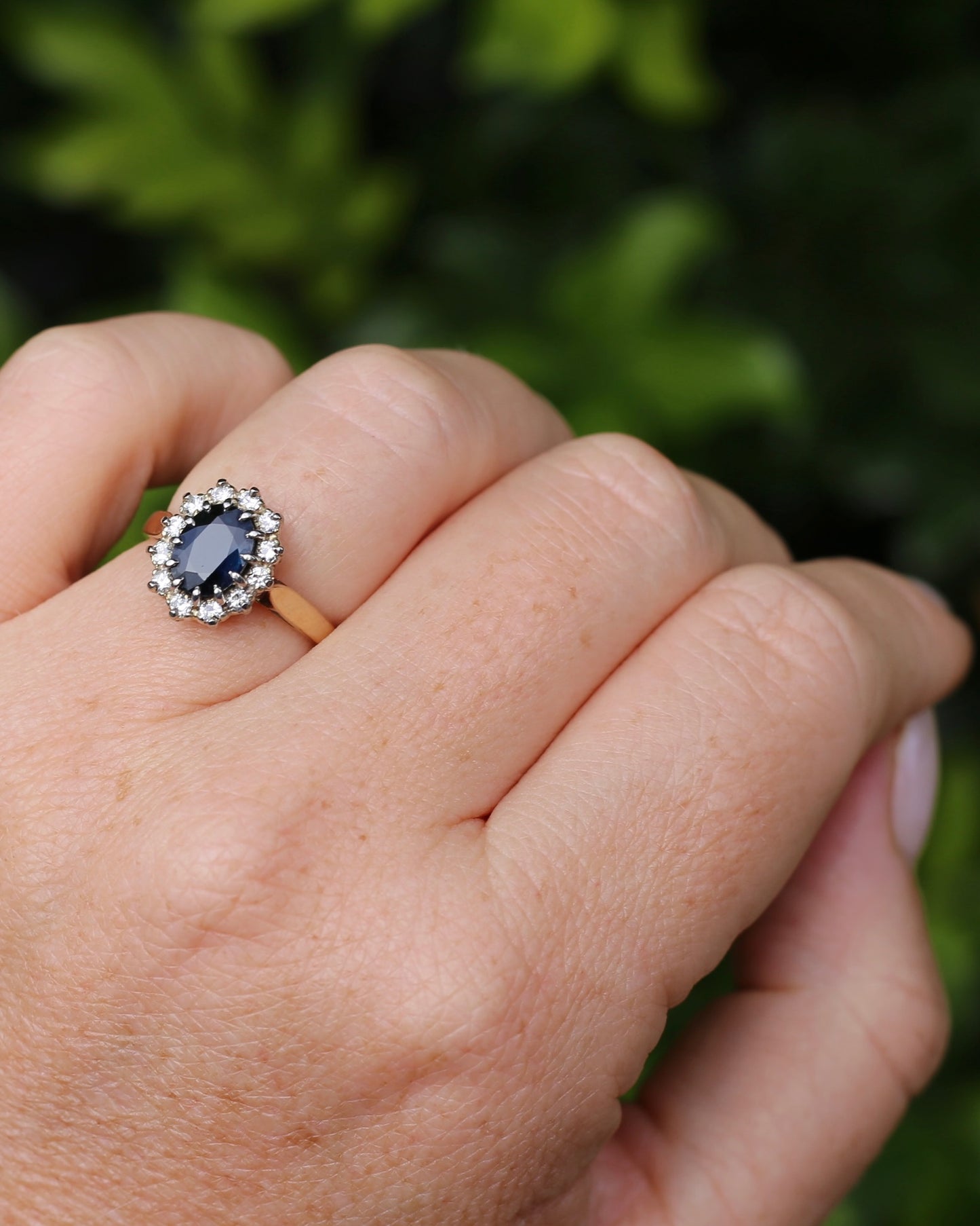 Vintage Natural Sapphire and Diamond Halo, 9ct Yellow and White Gold, size N1/2 or 7