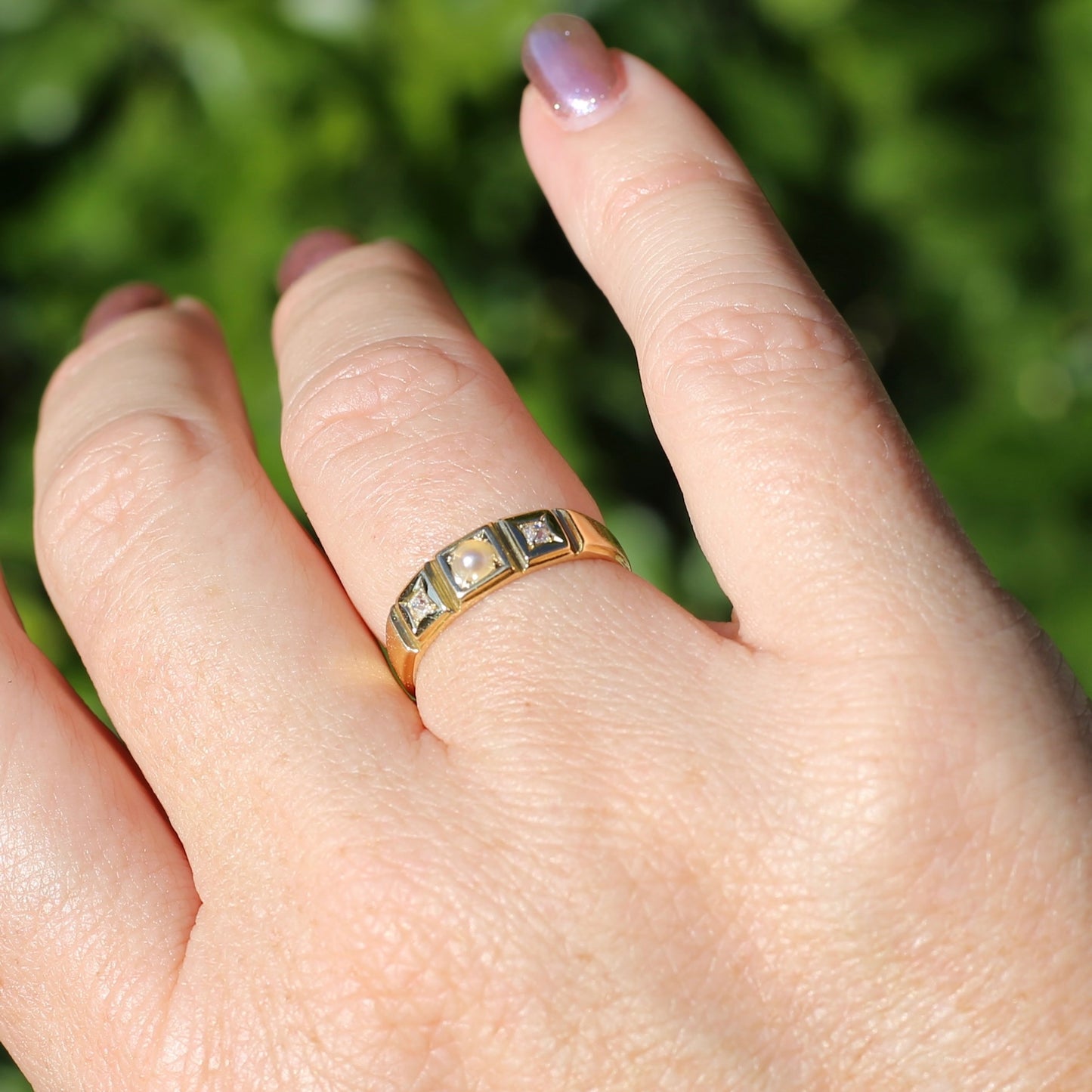 Antique Pearl and Old Cut Diamond Set Trilogy Ring, 18ct Yellow Gold, size N1/2 or 7