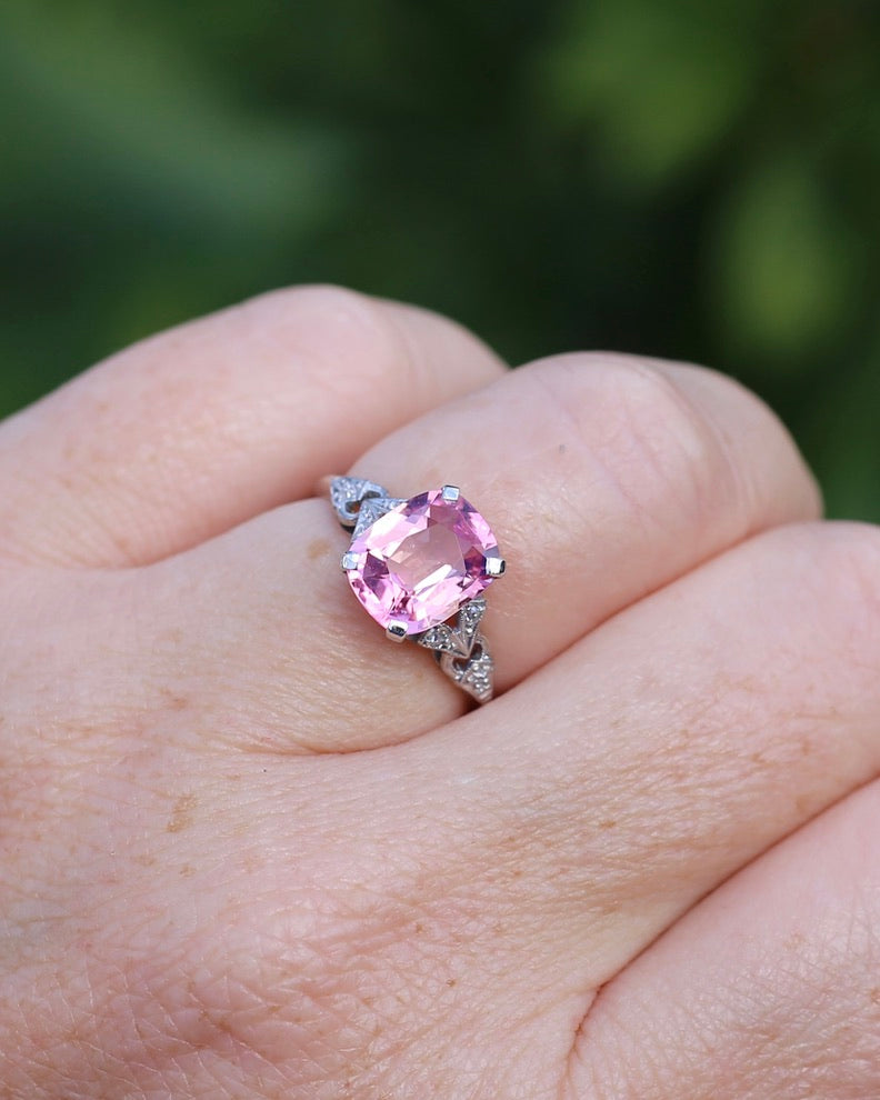 Pale Pink Tourmaline and Old Cut Diamond Shoulder Ring, 18ct White Gold and Platinum, size N or 6.75, 2.63g