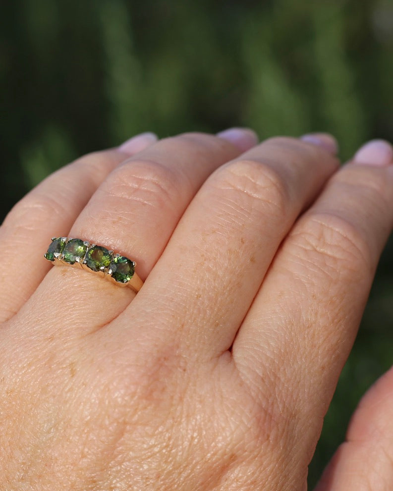 1.75ct Four Stone Natural Green Tourmaline Ring, 9ct Yellow Gold, size N1/2 or just over 6.75, 2.37g