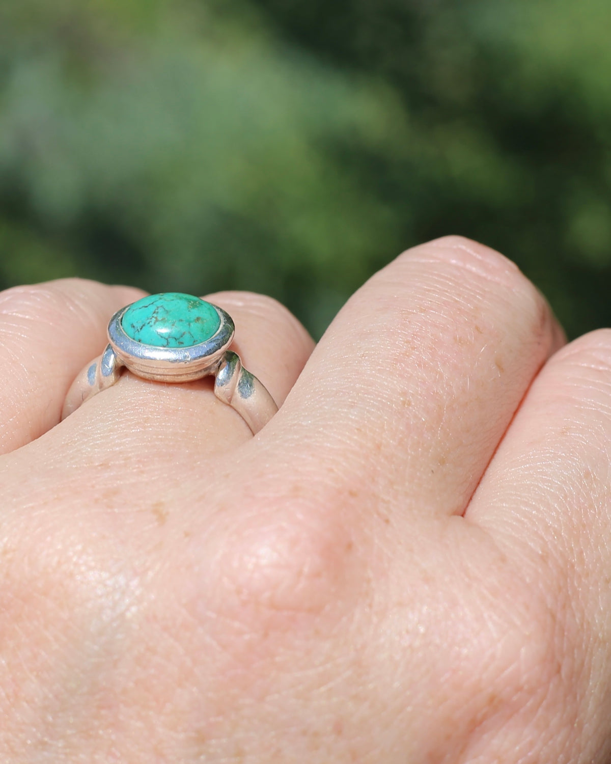 Natural Turquoise Cabochon Bezel Set Ring, Sterling Silver, size Q or just over 8, 7.3g