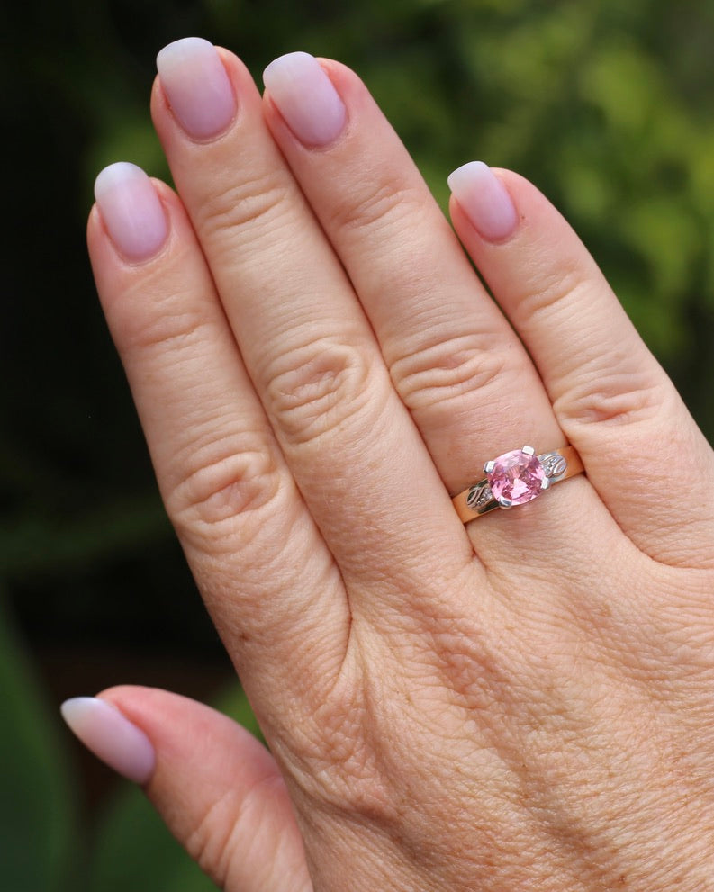 1.62ct Natural Pink Tourmaline in 1970s Mixed Metal Setting with Diamond Side Stones, size P or 7.5, 4.34g