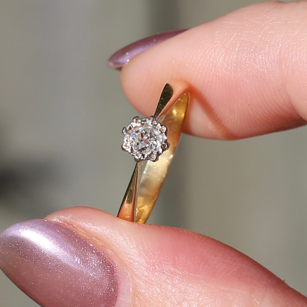 0.19ct Old Cut Diamond Solitaire, remade in 1984, 18ct Yellow and White Gold, size 6.5 or M1/2