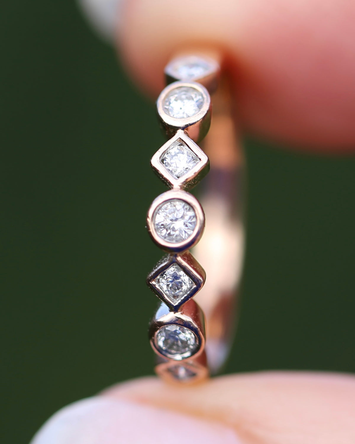 0.25ct 7 Stone Natural Diamond Bezel Set Round and Geometric Rose Gold Stacker, 10ct Rose Gold, size O or 7.25