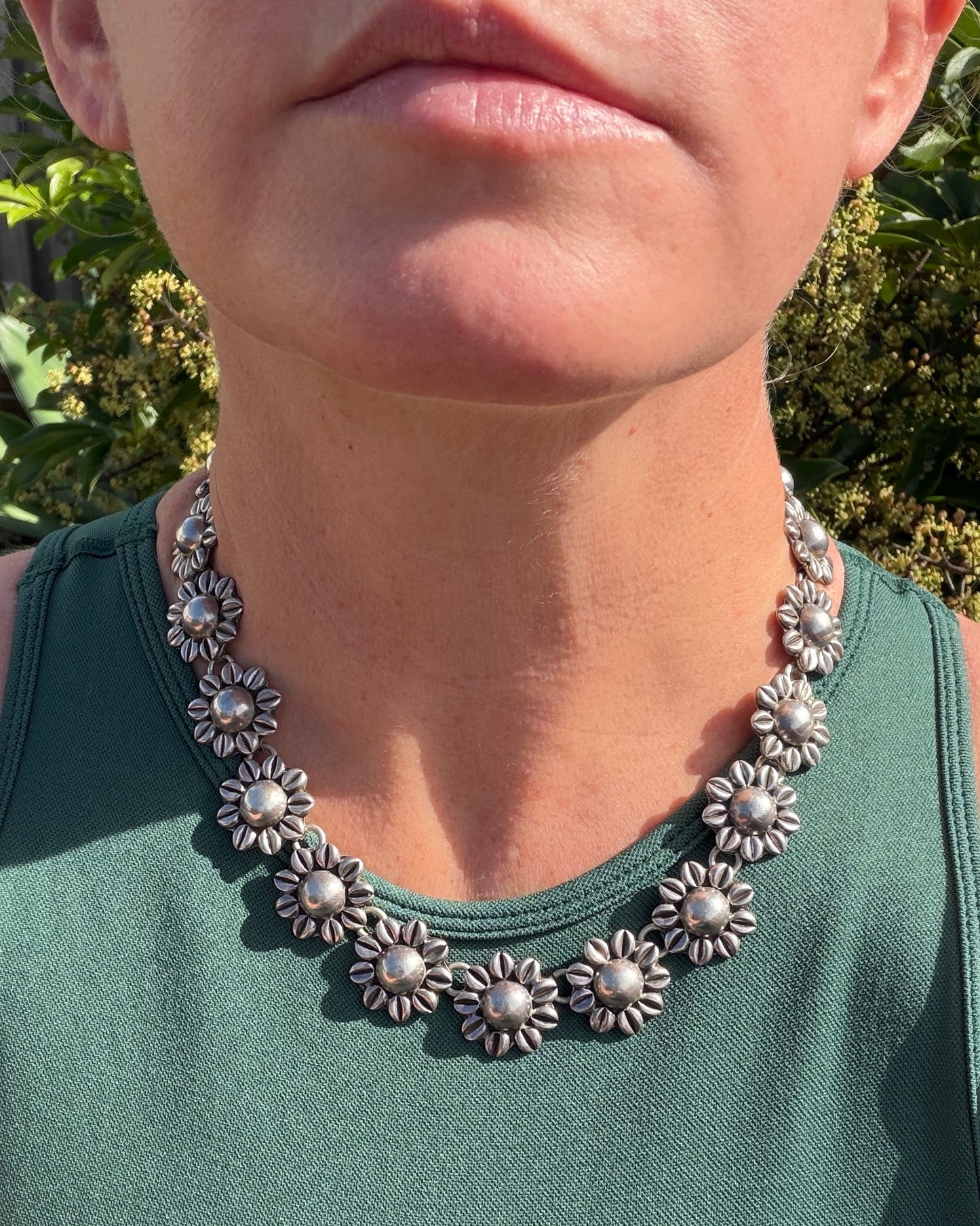 Chunky Vintage Mexican Silver Daisy/ Sunflower Necklace, Sterling Silver, 44cm or 17.25 inches, 98.52g