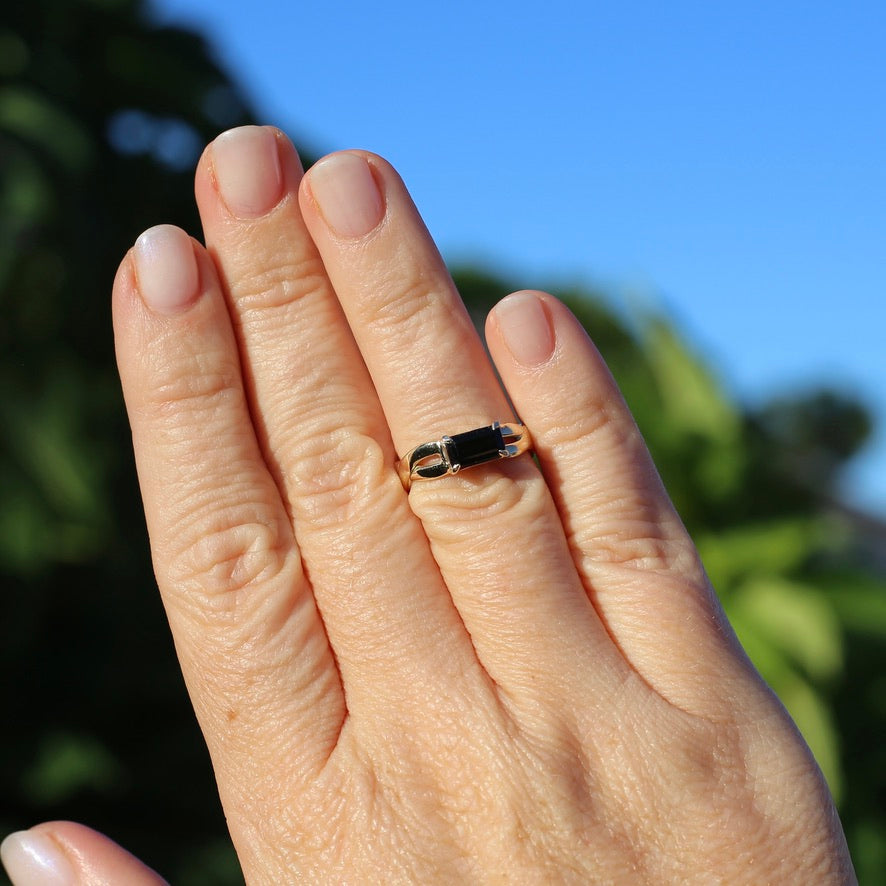 East West Set Emerald Cut Dark Green Natural Tourmaline Ring, 9ct Yellow Gold, size L or 5.75