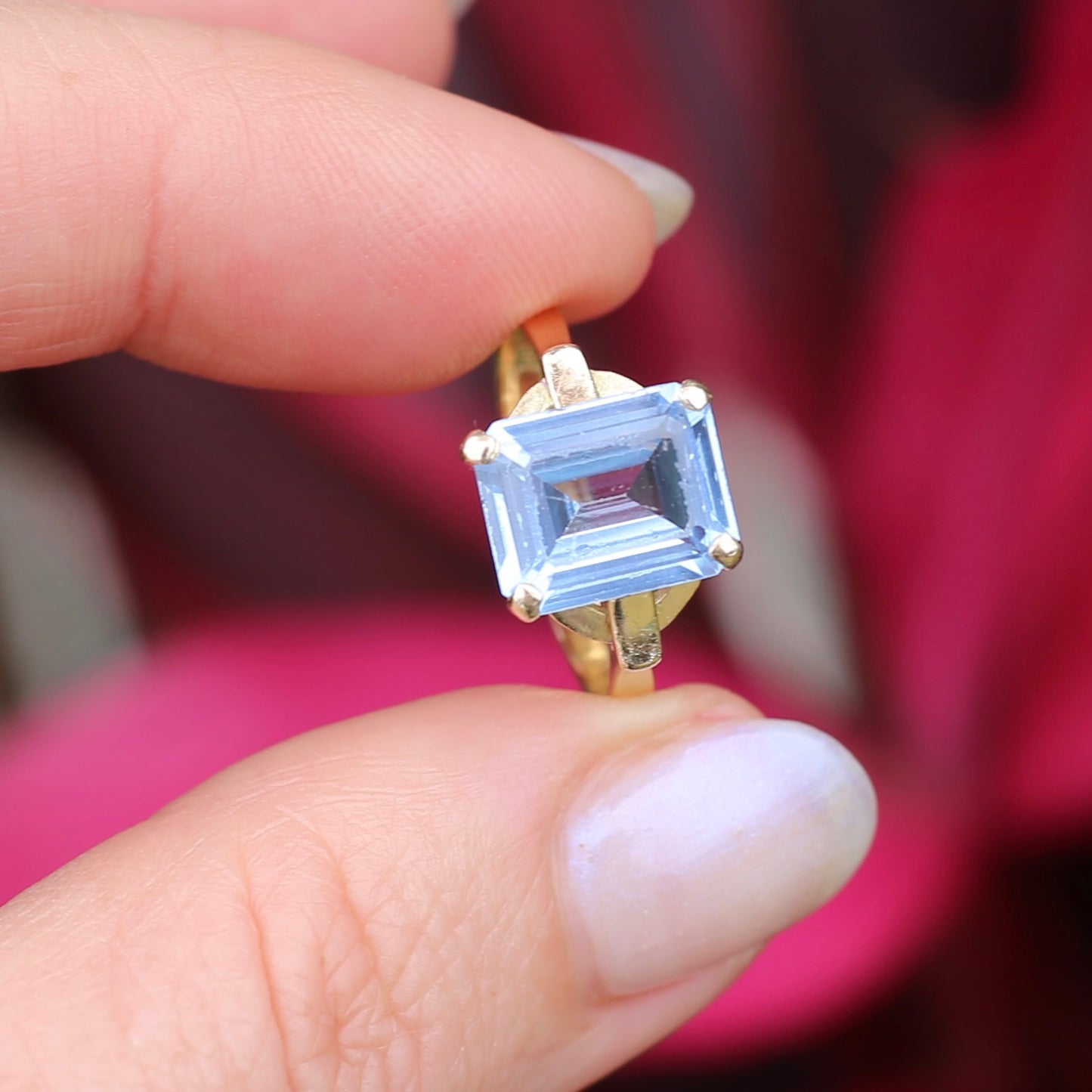 Emerald Cut Synthetic Blue Spinel in Gorgeous Art Deco Setting, 14ct Yellow Gold, size O or 7.25