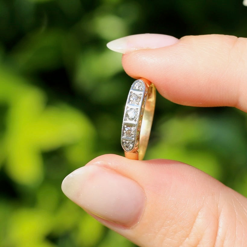 1930s Old Cut 5 Stone Diamond Ring, Platinum and 18ct Yellow Gold, size L or 5.75