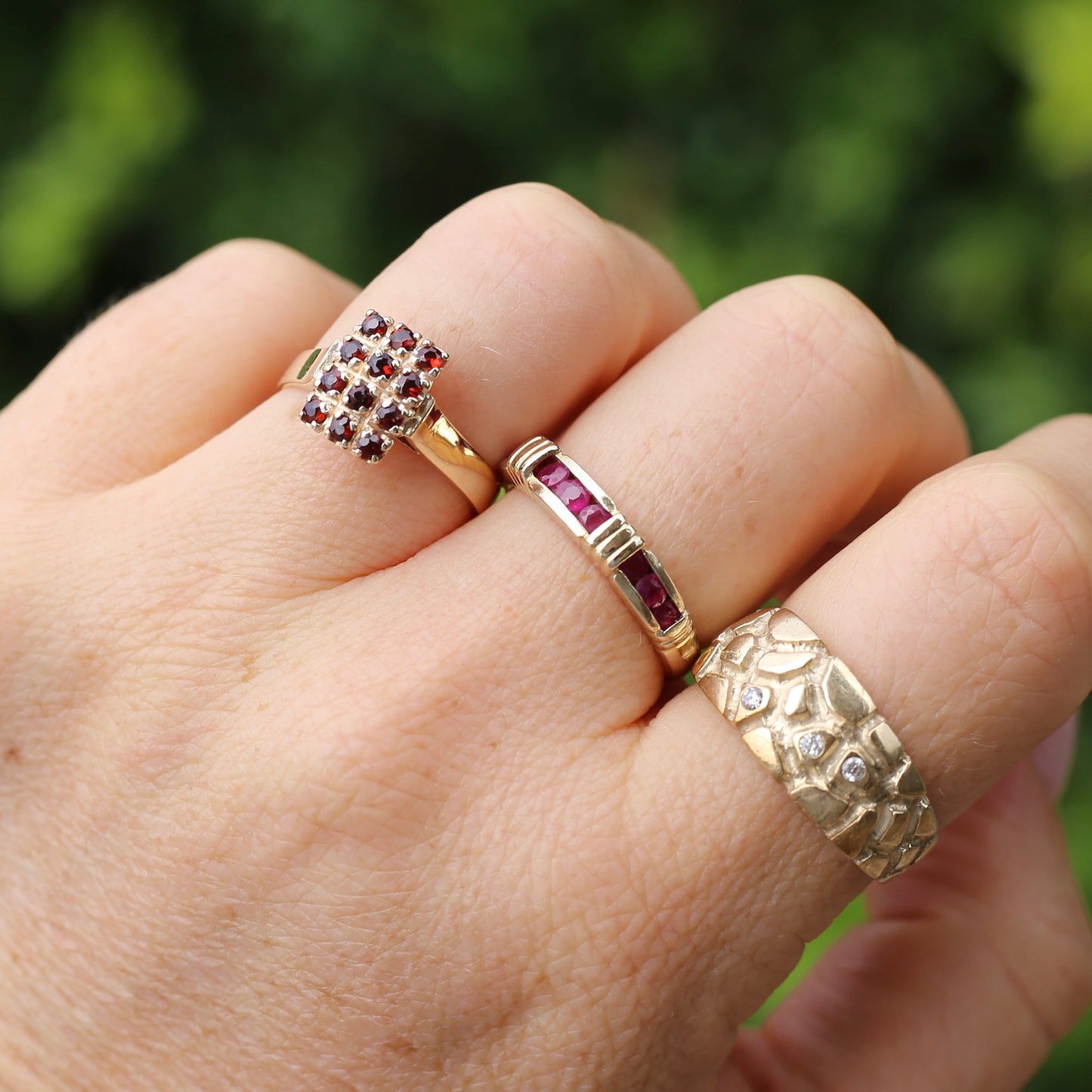 Old Cut 12 Stone Garnet Checkerboard Ring, size P or 7.75