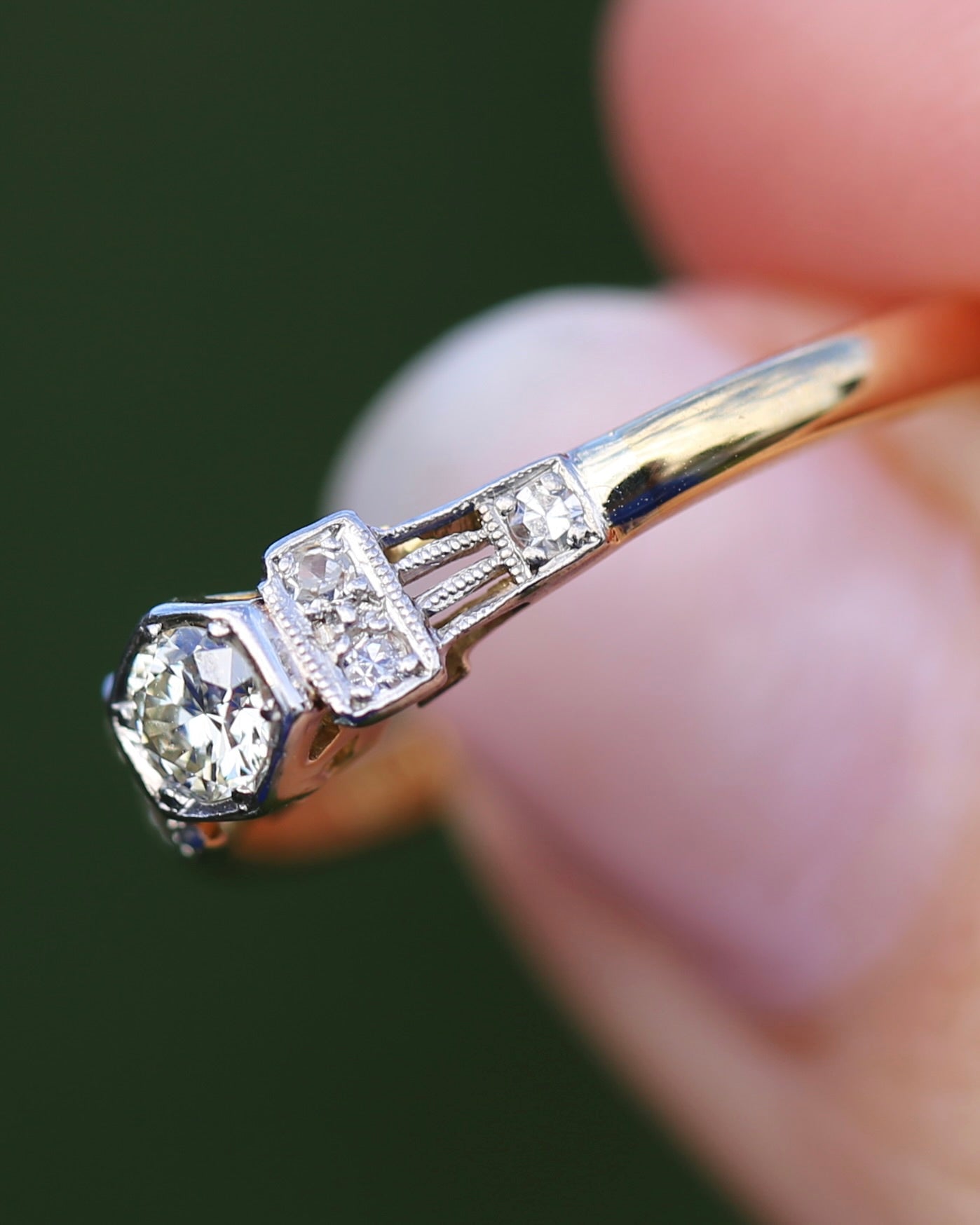 Hexagonal Grain Semi Modern Cut Diamond and Single Cut Diamond Shoulders Ring, 18ct White and Yellow Gold, size P1/2 or 8, 2.58g, with valuation