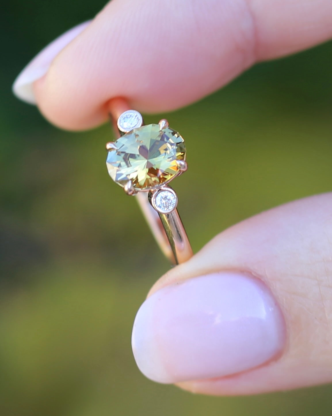 1.57ct Natural Golden Tanzanite Zoisite and Diamond Trilogy Ring, 14ct Rose Gold, size 8.75 or just over R, 3.3g, with valuation