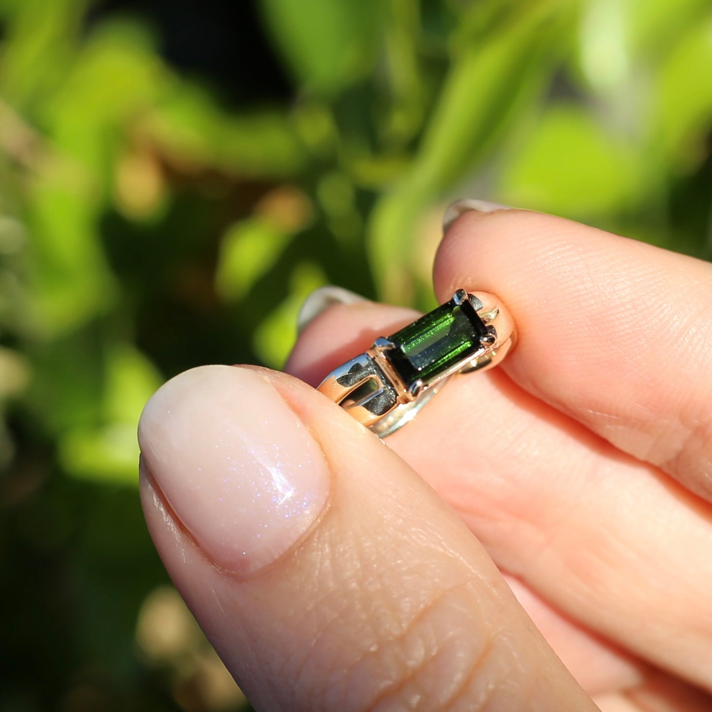 East West Set Emerald Cut Dark Green Natural Tourmaline Ring, 9ct Yellow Gold, size L or 5.75