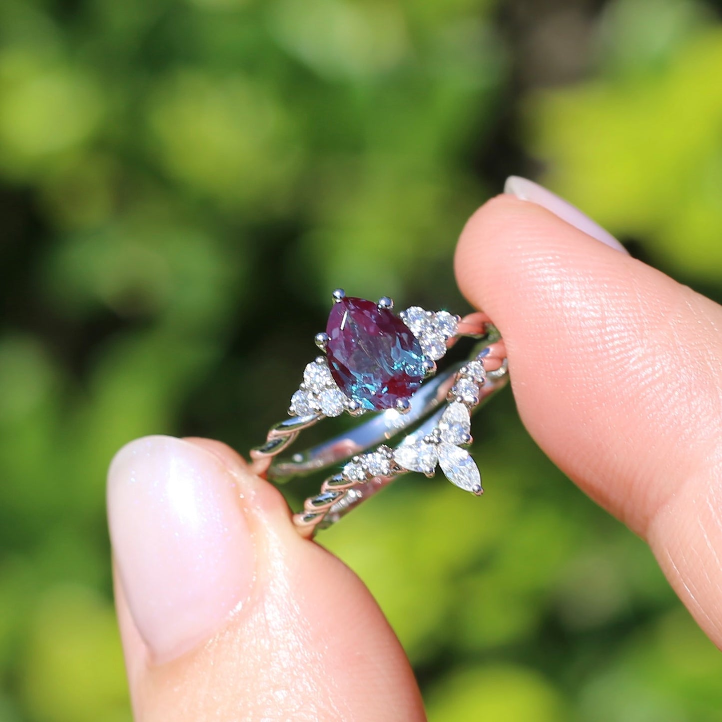 Alexandrite and Diamond Wedding Set, 18ct White Gold, size O or 7.25