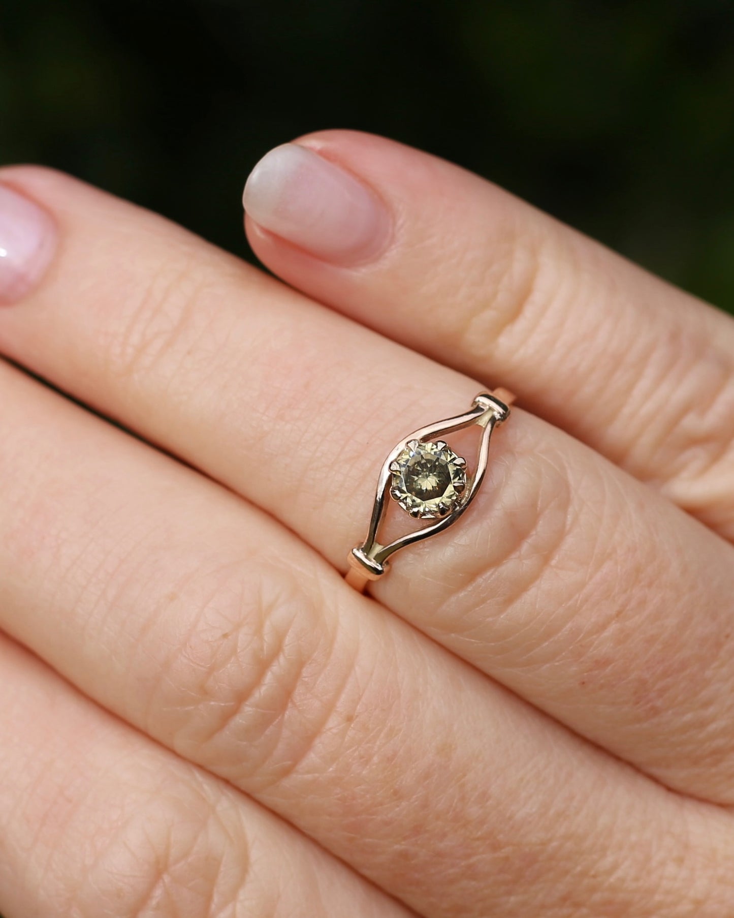 East African Green Zircon, Vintage 8 Claw Setting, Old Rosey Gold, size M1/2 or 6.5
