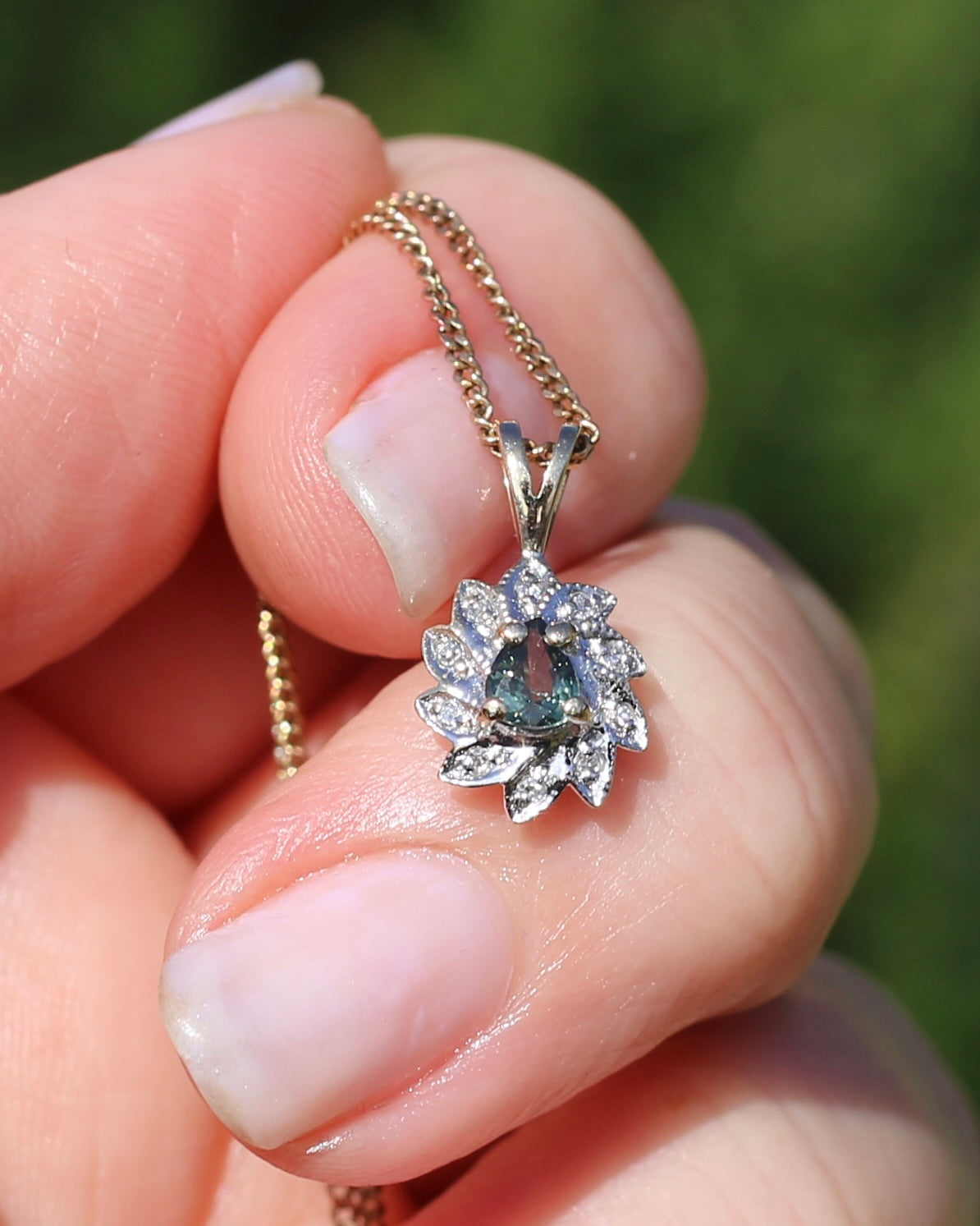 0.3ct Natural Green Parti and Natural Illusion Set Diamond Leaf Halo Pendant, 9ct Yellow Gold, 0.72g