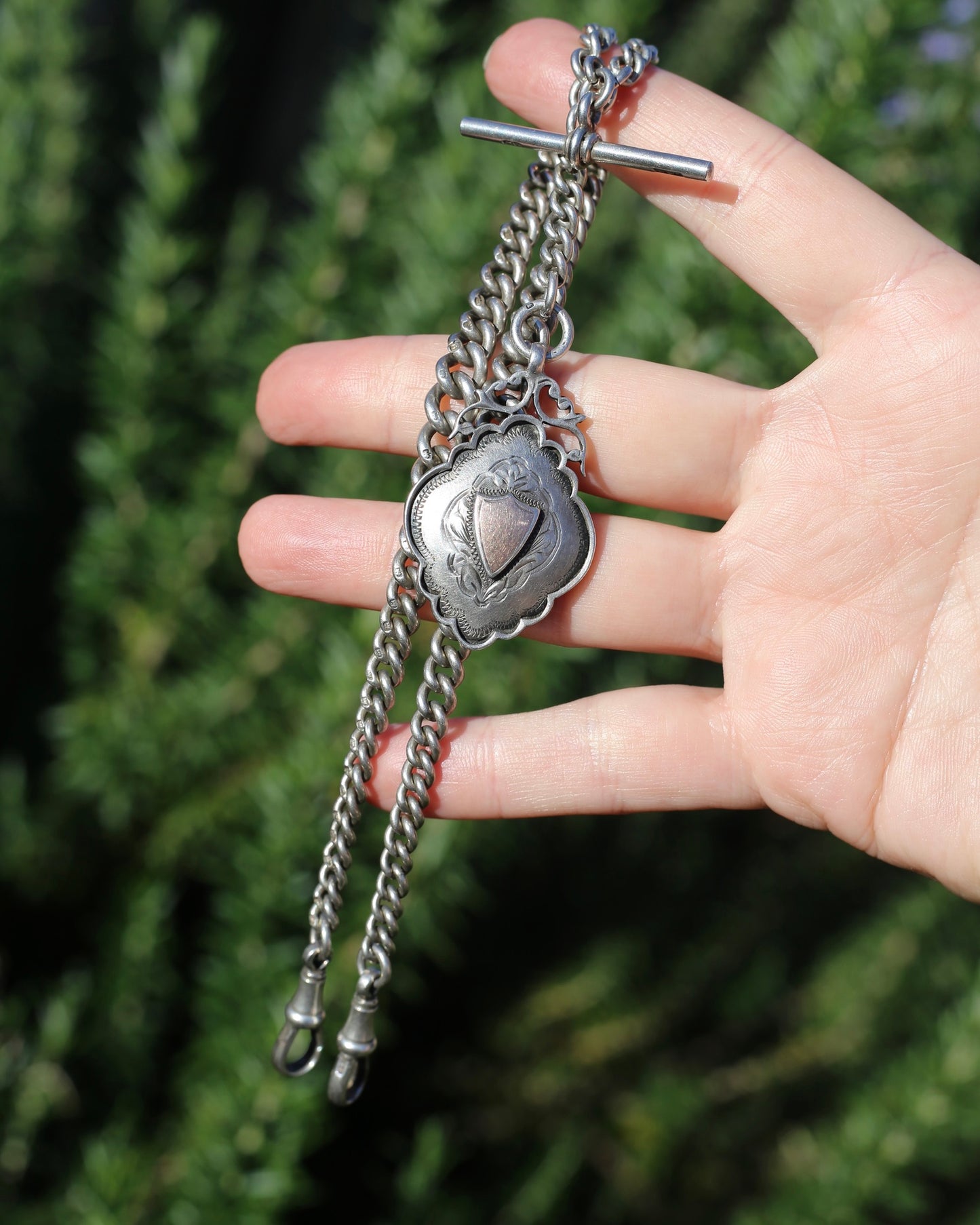 Antique 1920 Birmingham Made Double Graduated Watch Chain, Sterling Silver (and Rose Gold Face) T-Bar and Fob, 38.5cm, 53g
