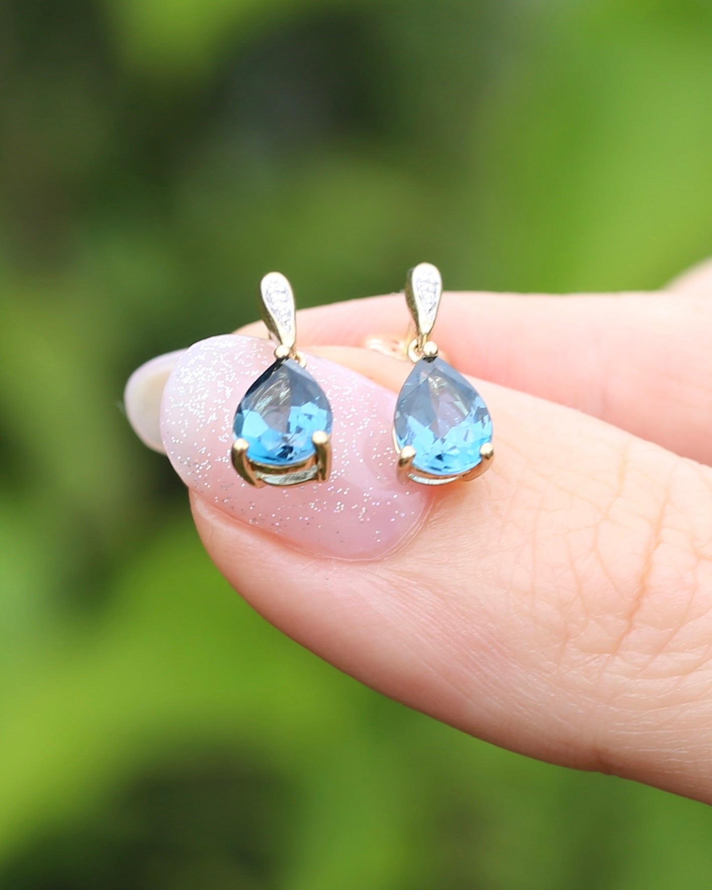 Pear Cut London Blue Topaz Earrings on Illusion Diamond Set Stud Posts, 9ct Yellow Gold, 14ct YG butterflies, 1.87g