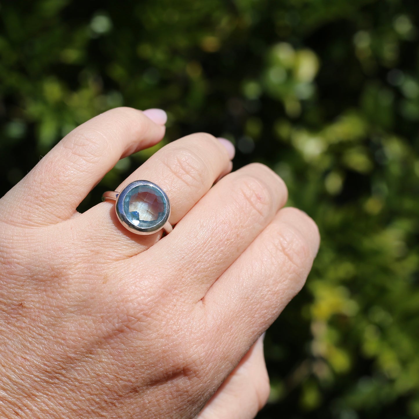 Bezel Set Harlequin Cut Blue Topaz Ring, Sterling Silver, size O or 7.25 (fits bigger)