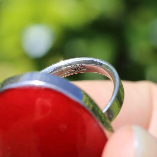 Large Red Oval Cabochon Resin ring, sterling silver, size O or 7.25