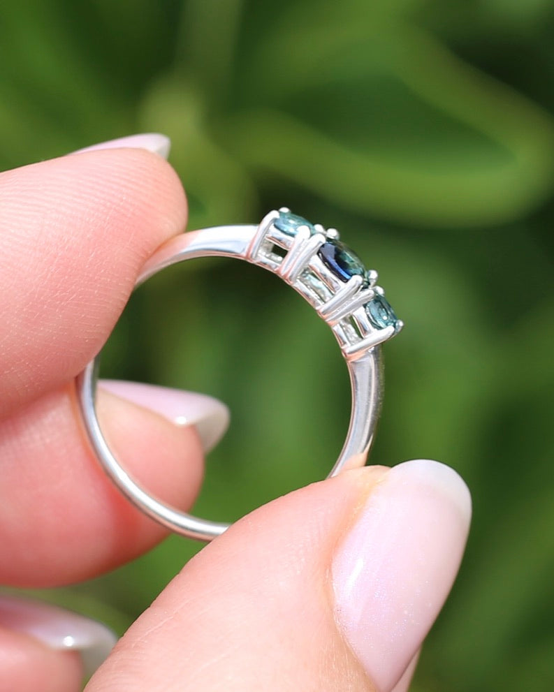 0.85ct Natural Parti Sapphire Trilogy Ring, Sterling Silver, size Q or 8.25, 1.98g