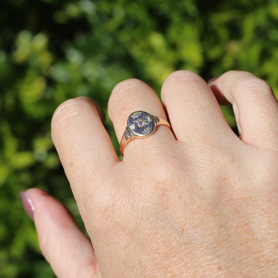 Early Australian Joseph Lawrence Signet Ring, Star Set with 5 Old Cut Diamonds, size T or 9.5