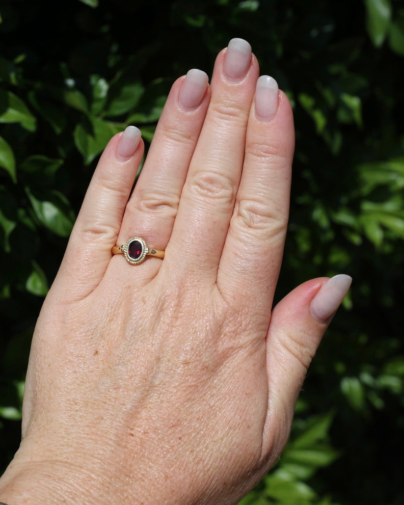 Bezel Set Garnet, 9ct Yellow Gold, size N or just over 6.5, 2.20g