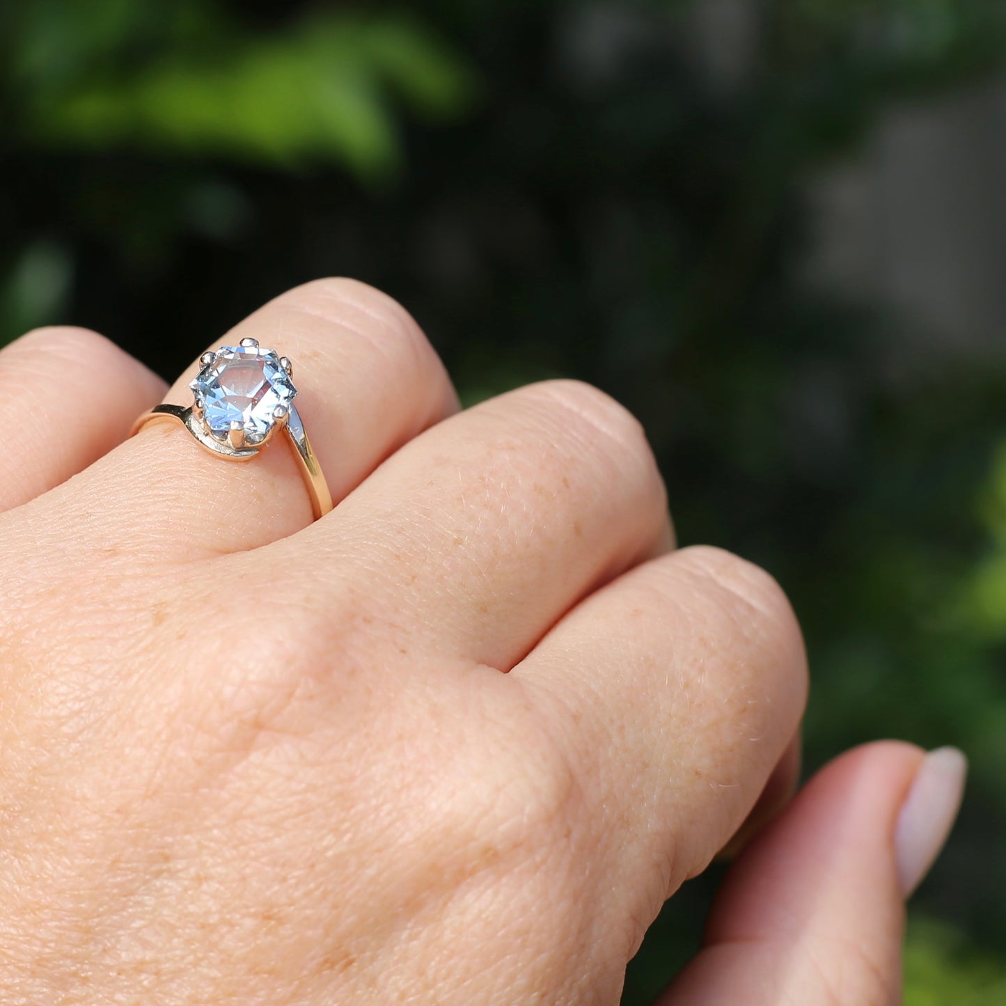 Fancy Hexagonal Cut Pale Blue Zircon Ring, 9ct Yellow Gold, size 7.5 or just over O1/2