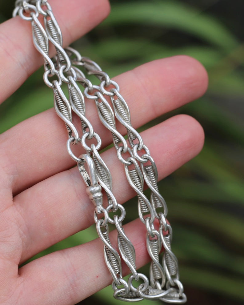 Vintage/ Vintique Fancy Link Single Swivel Albert Clasp Chain, Sterling Silver, 52cm or 20.5 inches, 30.0g
