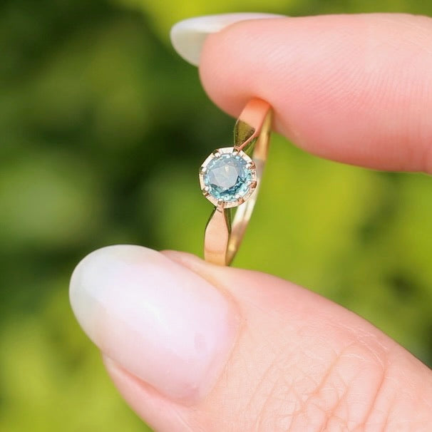 Seafoam Sapphire Solitaire in 8 Claw Setting, 9ct Yellow Gold, size L or just under 5.5