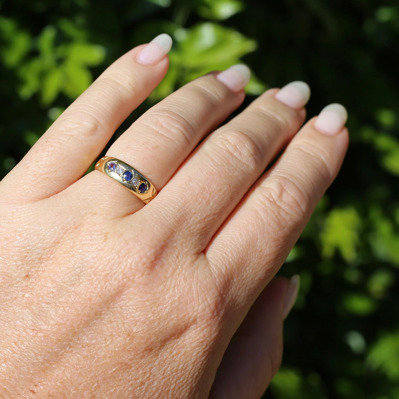 1897 Old Cut Sapphire and Diamond Five Stone Ring, 18ct Yellow Gold, size O or 7.25