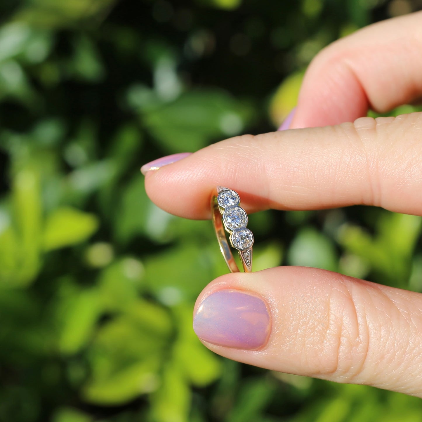 1930s Old and Transitional Cut Diamond Trilogy, 18ct Yellow and White Gold, size N or 6.75