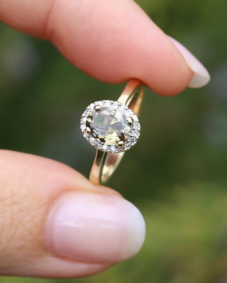 1.2ct Unheated Natural Golden Tanzanite in Diamond Halo, 10ct Yellow Gold, size O1/2 or just over 7.25, 3.0g