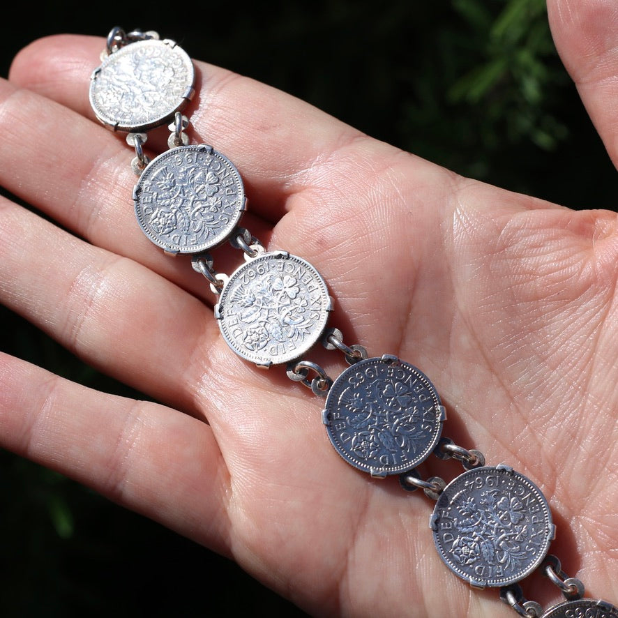 1960 - 1966 Sixpence Bracelet - set in 4 claw settings with double links, 20cm or 8 inches