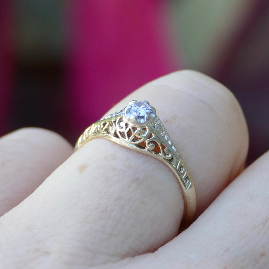 Hand Carved 1930s Filigree Mixed Metal Diamond Solitaire, 9ct White and Yellow Gold, size M1/2 or just under 6.5