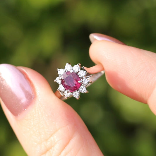 Vintage Natural Ruby and Diamond Halo, 18ct White Gold, size M1/2 or 6.5 with valuation