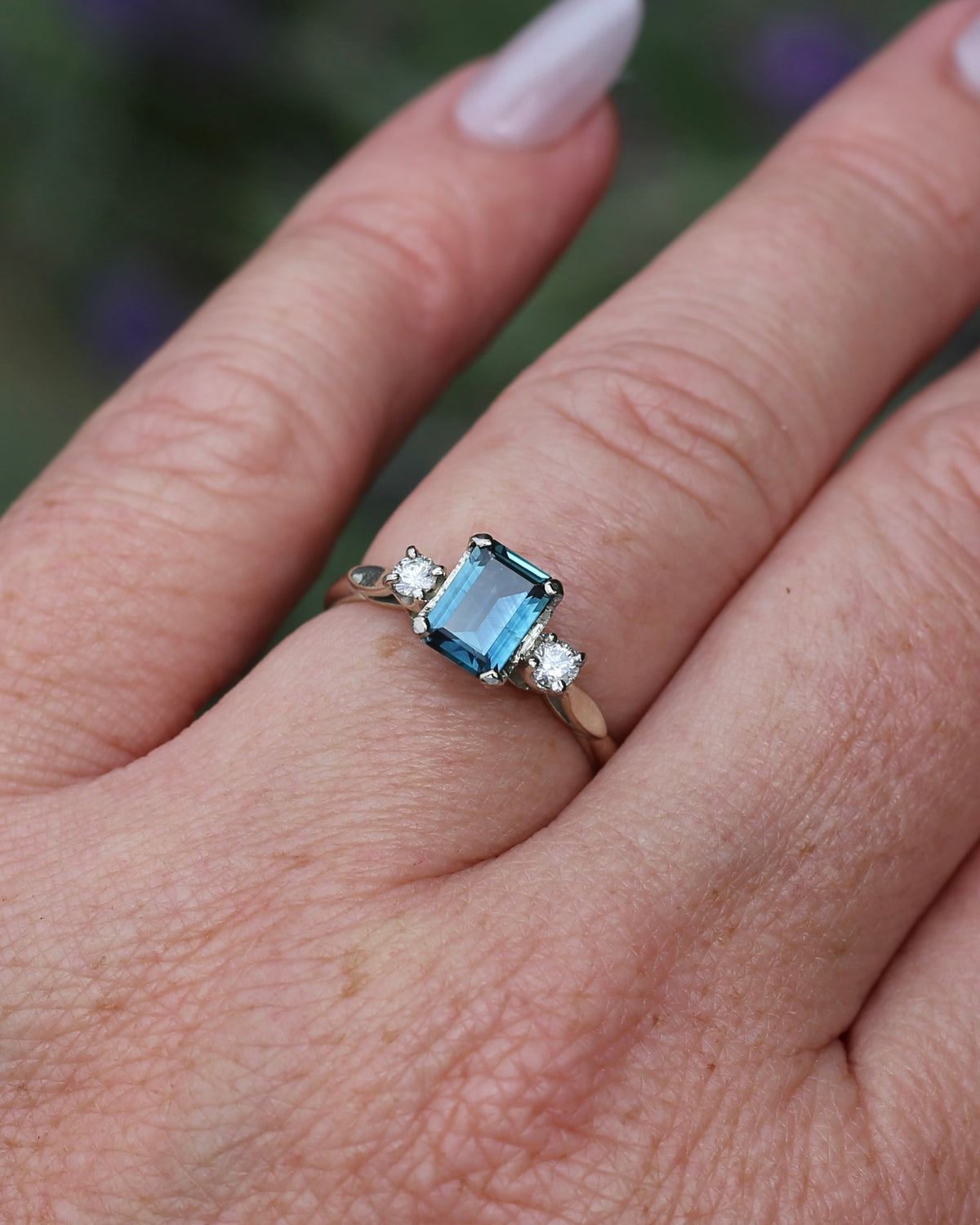 1.1ct Emerald Cut Natural Blue Teal Sapphire and Diamond Trilogy, 18ct White Gold and Platinum, size O or just over 7, 2.27g