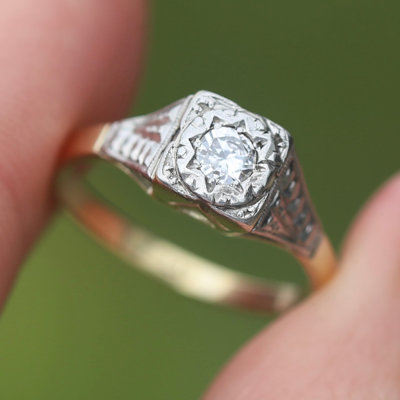 1930s Art Deco Inspired Platinum and 18ct Gold Solitaire Ring, size N or almost 6.75