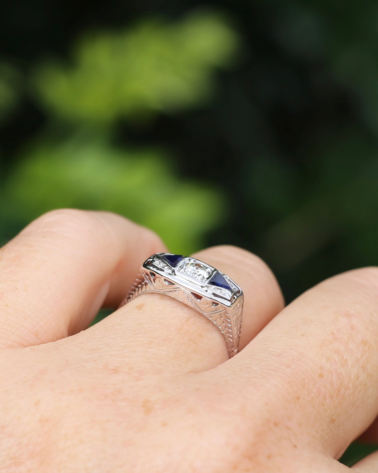 Art Deco Diamond and Sapphire Trilogy in Raised Handmade Engraved Floral Setting, 14ct White Gold, size U or 10 - offering free resize down to 7 or O, with valuation