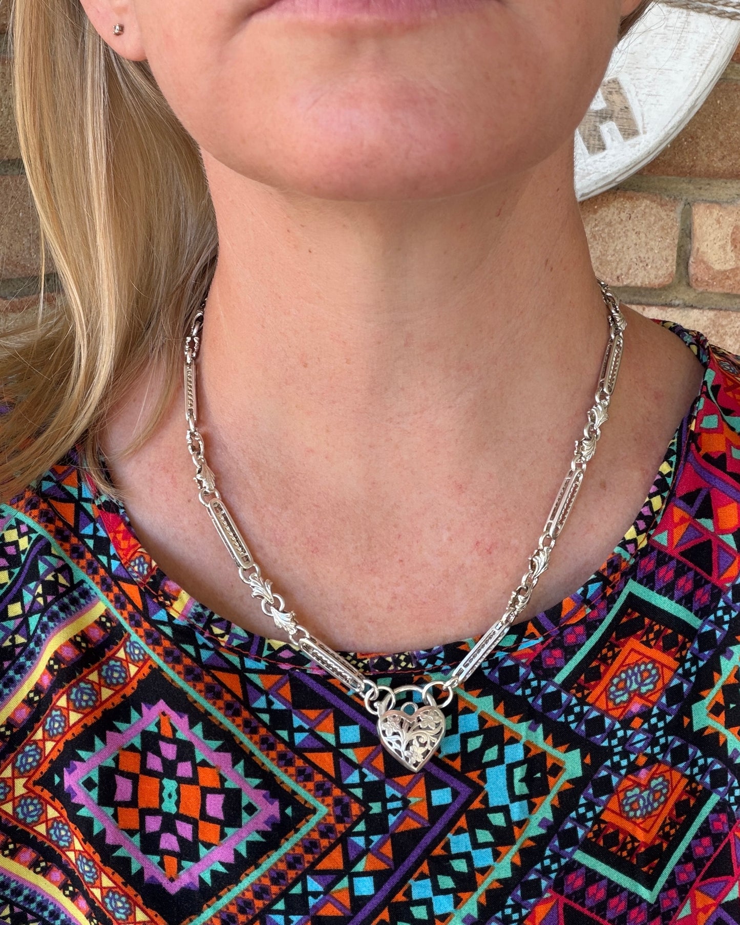 Fancy Link Silver Necklace with Heart Padlock, Sterling Silver, 49cm or 19.25 inches, 40.0g