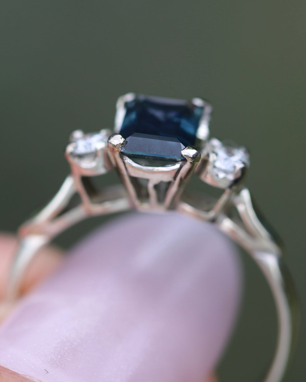 1.1ct Emerald Cut Natural Blue Teal Sapphire and Diamond Trilogy, 18ct White Gold and Platinum, size O or just over 7, 2.27g