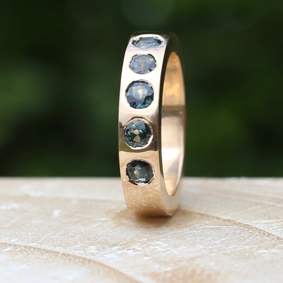 Custom Reclaimed Gold Chunky 9ct Rings with 4mm Parti Sapphires