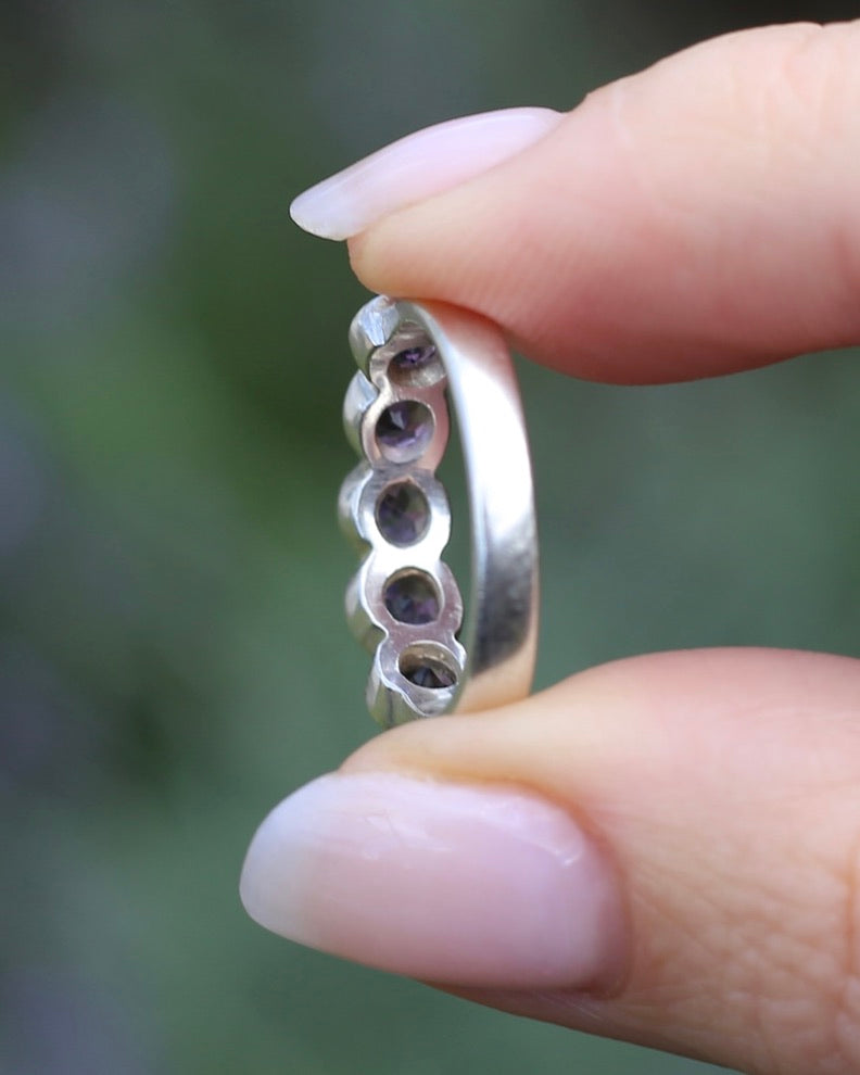 Five Stone Bezel Set Amethyst Silver Ring, Sterling Silver, size O or 7.25, 3.41g