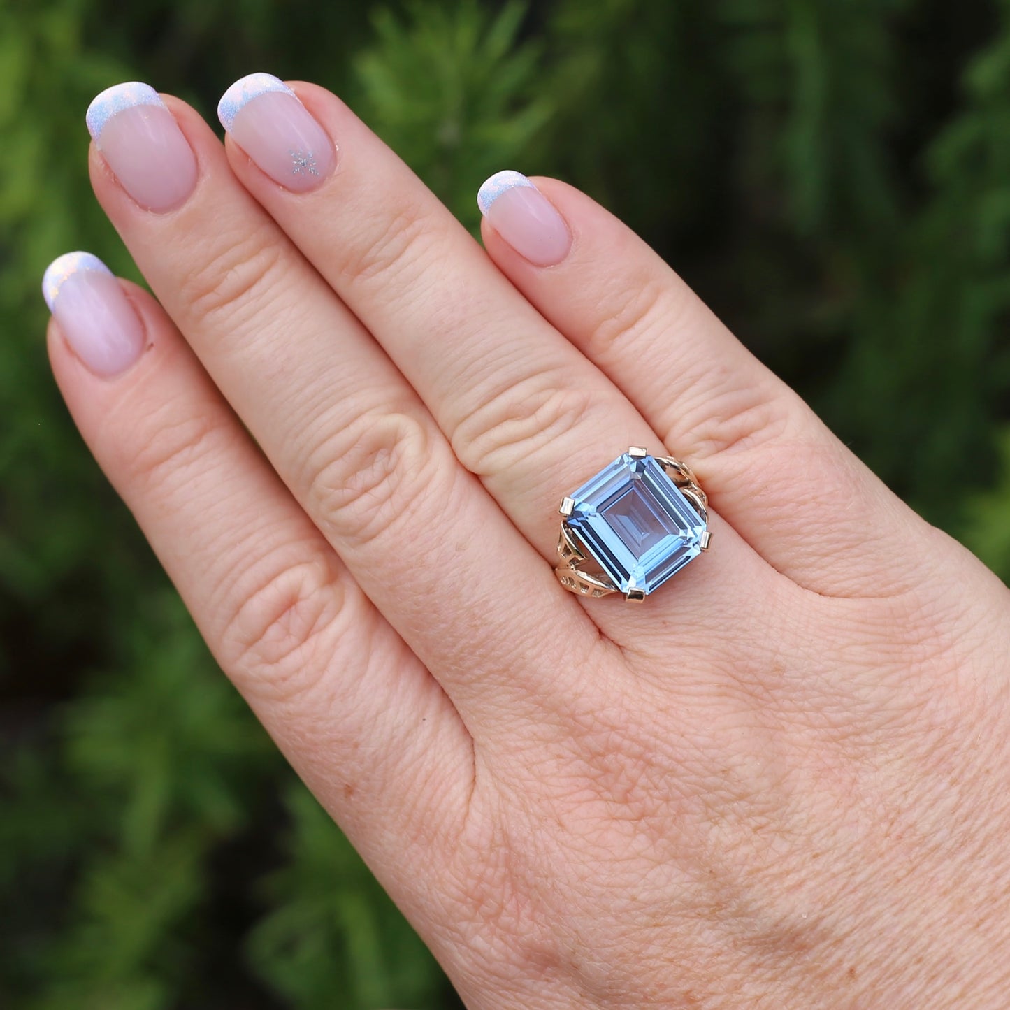 Mid Century Emerald Cut Blue Spinel Cocktail Ring, size N1/2 or 6.75