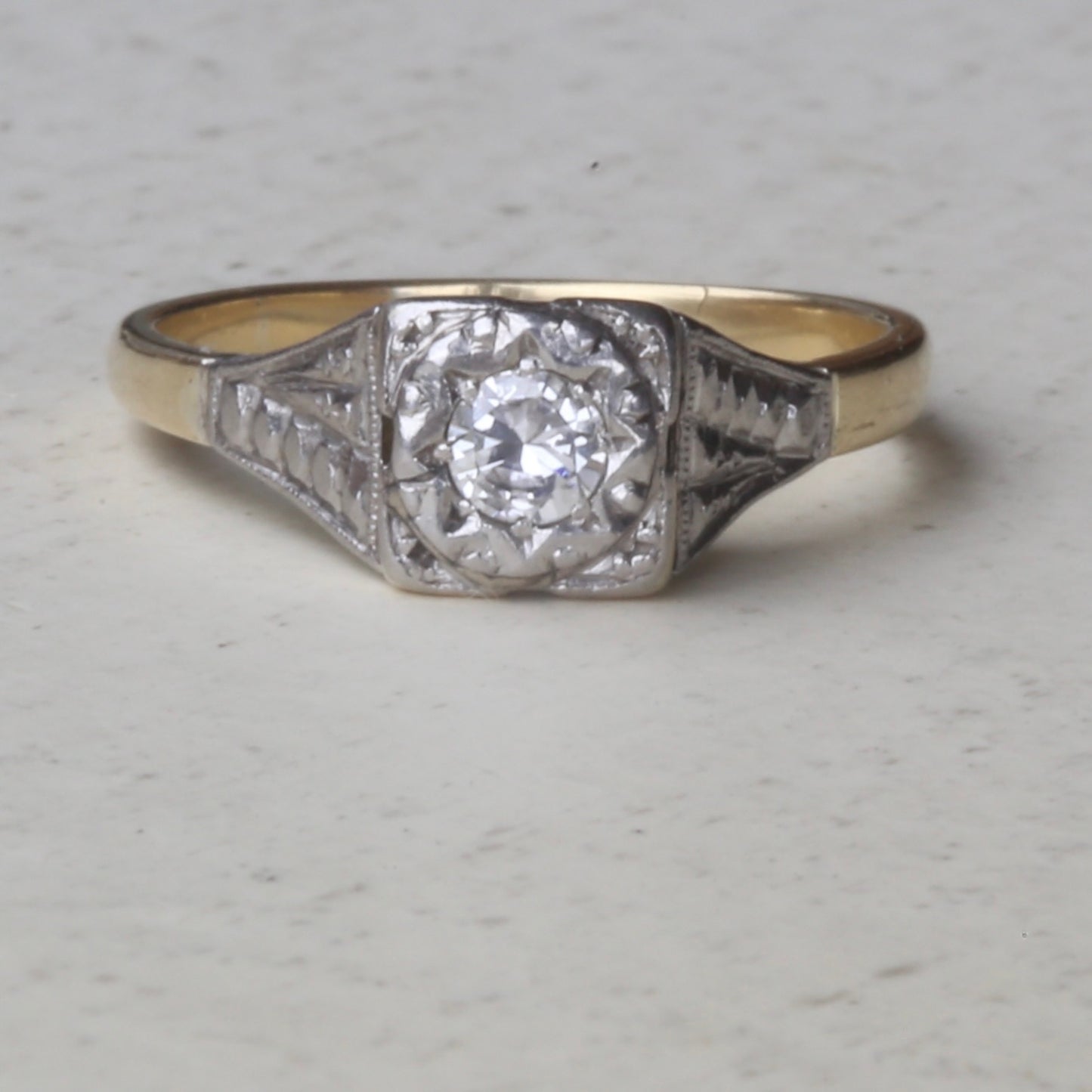 1930s Art Deco Inspired Platinum and 18ct Gold Solitaire Ring, size N or almost 6.75